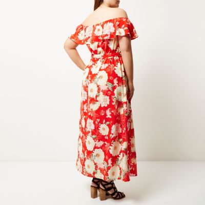 RI Plus red floral print bardot maxi dress